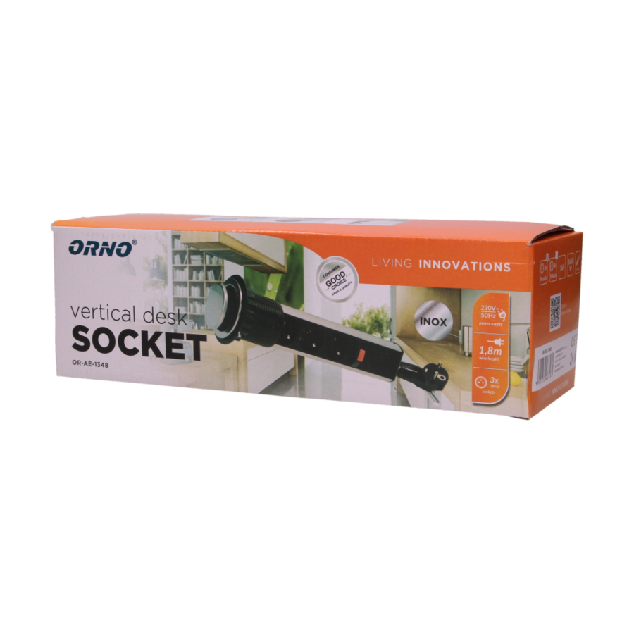 Gniazdo meblowe Ø6cm wysuwane z blatu z blokadą i przewodem 1,8m, 3x2P+Z, INOX