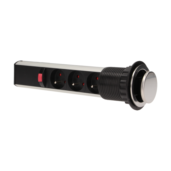 Gniazdo meblowe Ø6cm wysuwane z blatu z blokadą i przewodem 1,8m, 3x2P+Z, INOX