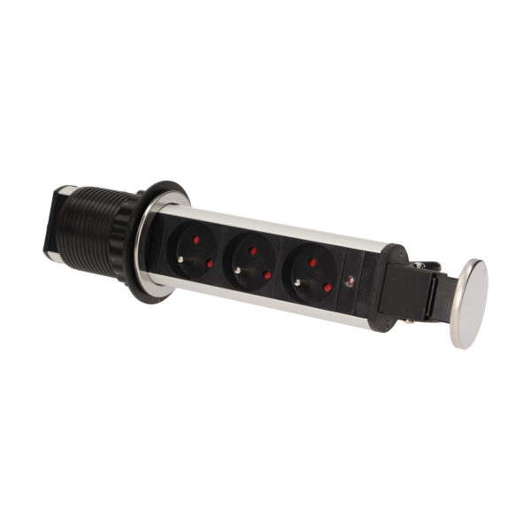 Gniazdo meblowe Ø6cm wysuwane z blatu z blokadą i przewodem 1,8m, 3x2P+Z, INOX
