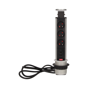 Gniazdo meblowe Ø6cm wysuwane z blatu z ładowarką USB, blokadą i przewodem 1,8m, 3x2P+Z