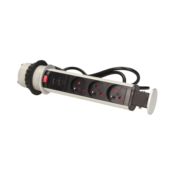 Gniazdo meblowe Ø6cm wysuwane z blatu z ładowarką USB, blokadą i przewodem 1,8m, 3x2P+Z Gniazdo meblowe Ø6cm wysuwane z blatu z ładowarką USB, blokadą i przewodem 1,8m, 3x2P+Z
