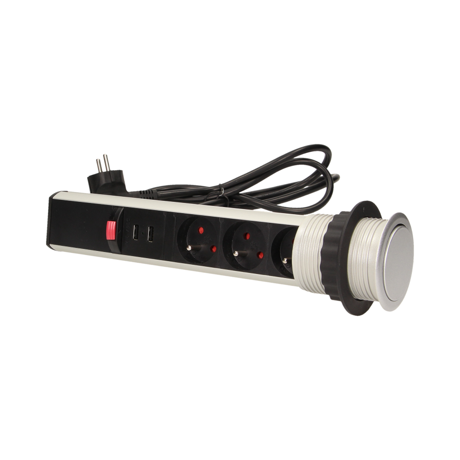 Gniazdo meblowe Ø6cm wysuwane z blatu z ładowarką USB, blokadą i przewodem 1,8m, 3x2P+Z