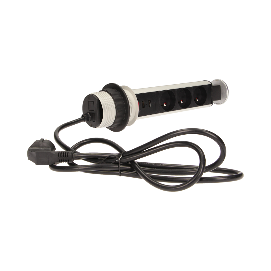 Gniazdo meblowe Ø6cm wysuwane z blatu z ładowarką USB, blokadą i przewodem 1,8m, 3x2P+Z