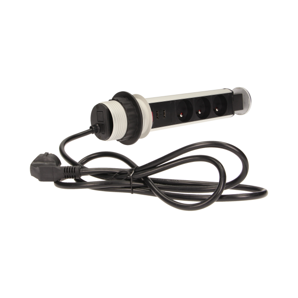 Gniazdo meblowe Ø6cm wysuwane z blatu z ładowarką USB, blokadą i przewodem 1,8m, 3x2P+Z Gniazdo meblowe Ø6cm wysuwane z blatu z ładowarką USB, blokadą i przewodem 1,8m, 3x2P+Z