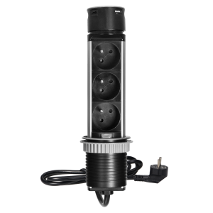 Wpuszczane gniazdo meblowe Ø6cm z ładowarką USB i przewodem 1,5m, 3x2P+Z, 2xUSB (typ A i typ C), INOX