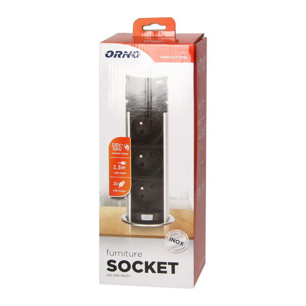 Wpuszczane gniazdo meblowe Ø6cm z ładowarką USB i przewodem 1,5m, 3x2P+Z, 2xUSB (typ A i typ C), INOX