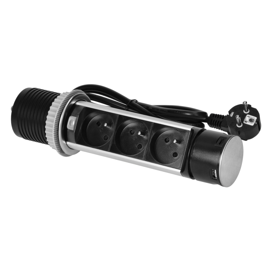 Wpuszczane gniazdo meblowe Ø6cm z ładowarką USB i przewodem 1,5m, 3x2P+Z, 2xUSB (typ A i typ C), INOX
