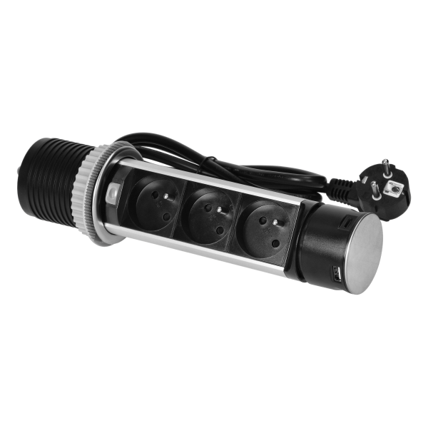 Wpuszczane gniazdo meblowe Ø6cm z ładowarką USB i przewodem 1,5m, 3x2P+Z, 2xUSB (typ A i typ C), INOX