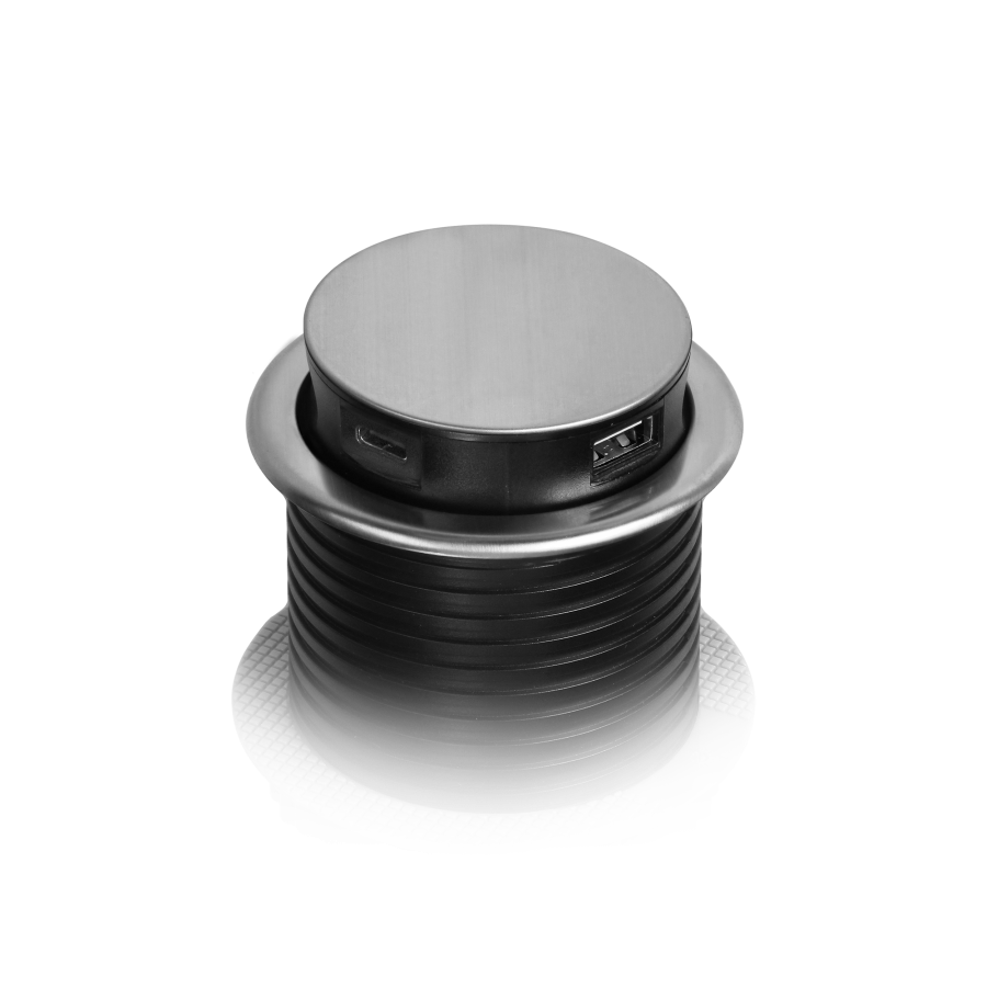 Recessed furniture socket Ø6cm with USB charger and 1.5m cable, 3x2P+E, 2xUSB (type A and C), INOX