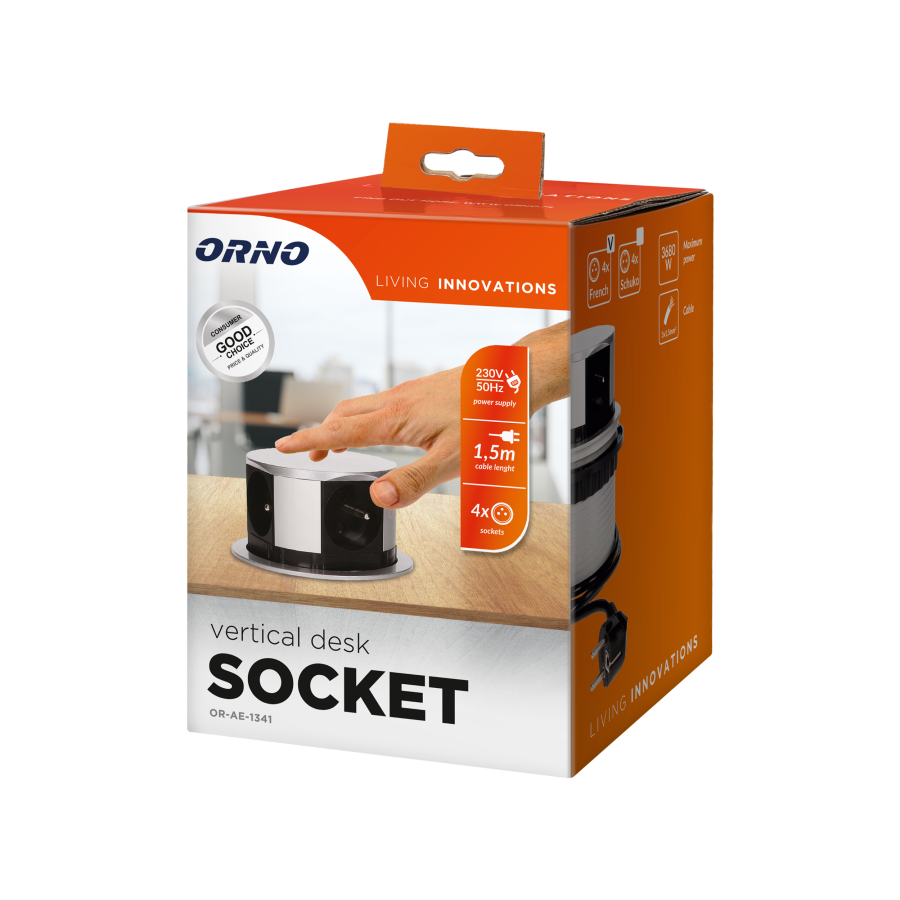 Flush-fitting furniture socket with 1.5m cable