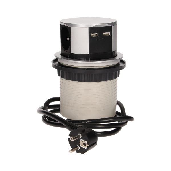 Gniazdo meblowe Ø10cm wysuwane z blatu z ładowarką USB i przewodem 1,5m, 3x2P+Z, 2xUSB Gniazdo meblowe Ø10cm wysuwane z blatu z ładowarką USB i przewodem 1,5m, 3x2P+Z, 2xUSB
