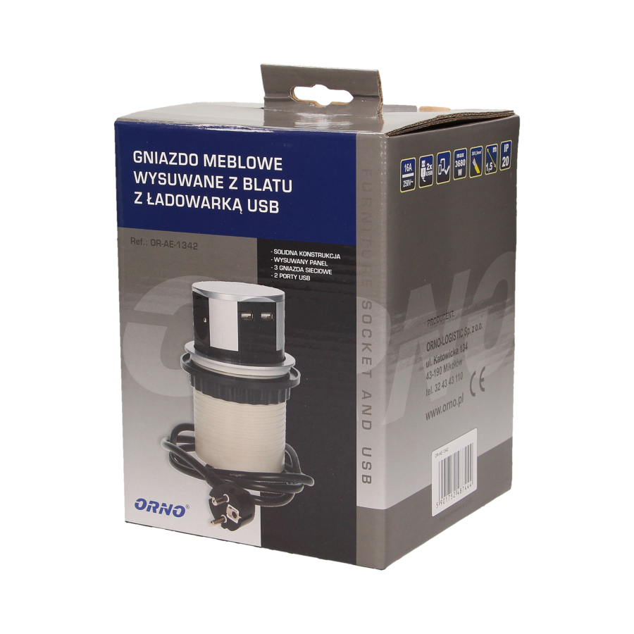 Gniazdo meblowe Ø10cm wysuwane z blatu z ładowarką USB i przewodem 1,5m, 3x2P+Z, 2xUSB