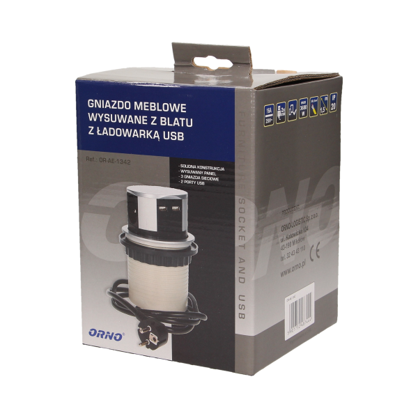 Gniazdo meblowe Ø10cm wysuwane z blatu z ładowarką USB i przewodem 1,5m, 3x2P+Z, 2xUSB Gniazdo meblowe Ø10cm wysuwane z blatu z ładowarką USB i przewodem 1,5m, 3x2P+Z, 2xUSB