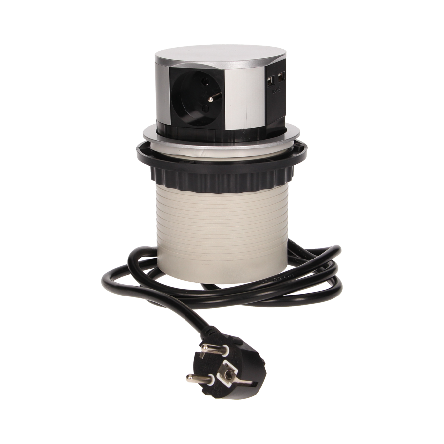 Gniazdo meblowe Ø10cm wysuwane z blatu z ładowarką USB i przewodem 1,5m, 3x2P+Z, 2xUSB