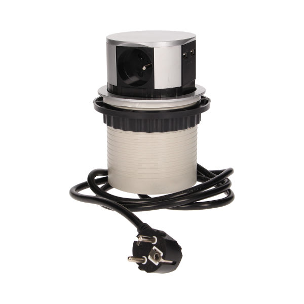 Gniazdo meblowe Ø10cm wysuwane z blatu z ładowarką USB i przewodem 1,5m, 3x2P+Z, 2xUSB Gniazdo meblowe Ø10cm wysuwane z blatu z ładowarką USB i przewodem 1,5m, 3x2P+Z, 2xUSB