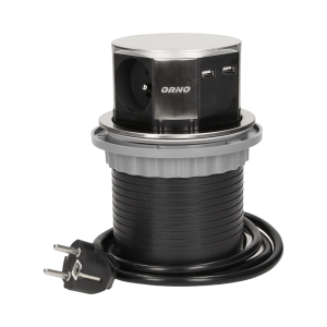Gniazdo meblowe Ø10cm wysuwane z blatu z ładowarką USB i przewodem 1,5m, 3x2P+Z, 2xUSB, INOX