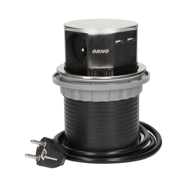 Gniazdo meblowe Ø10cm wysuwane z blatu z ładowarką USB i przewodem 1,5m, 3x2P+Z, 2xUSB, INOX