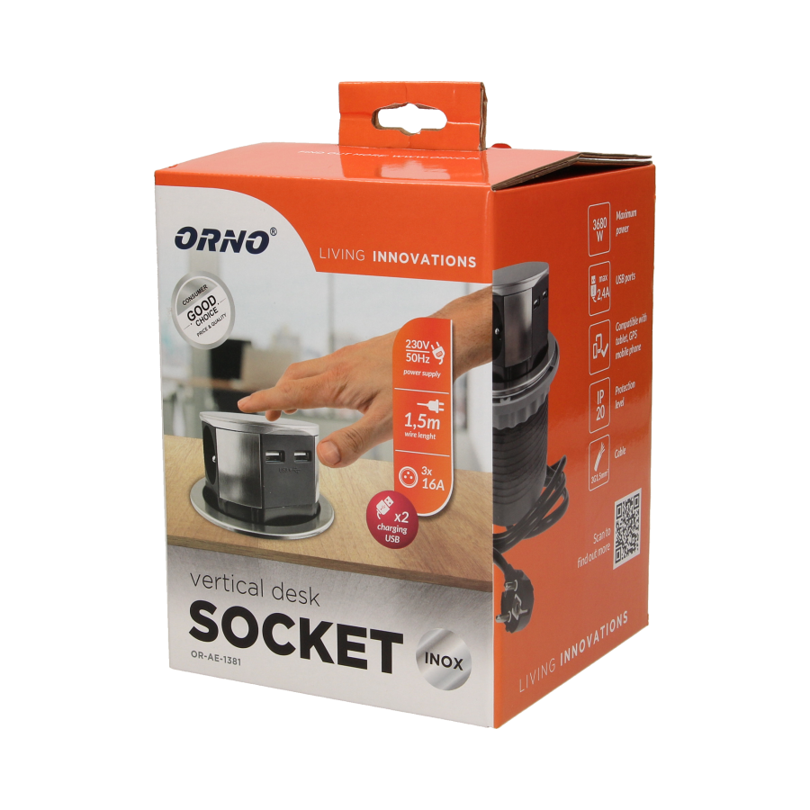 Gniazdo meblowe Ø10cm wysuwane z blatu z ładowarką USB i przewodem 1,5m, 3x2P+Z, 2xUSB, INOX