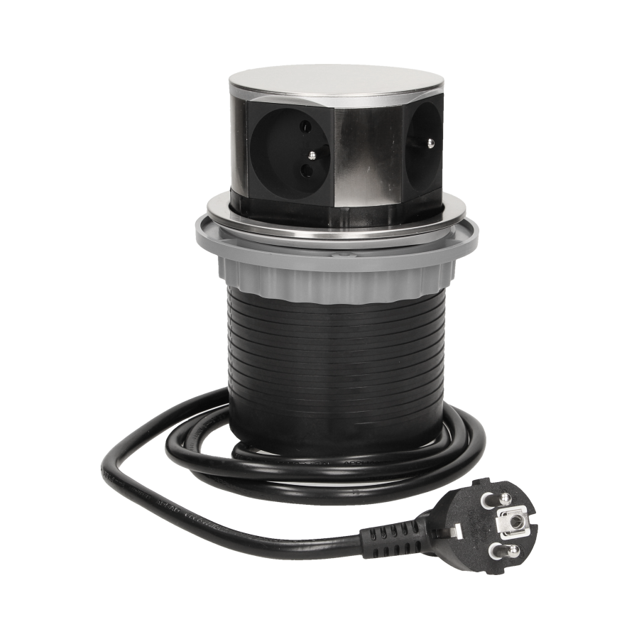 Gniazdo meblowe Ø10cm wysuwane z blatu z ładowarką USB i przewodem 1,5m, 3x2P+Z, 2xUSB, INOX