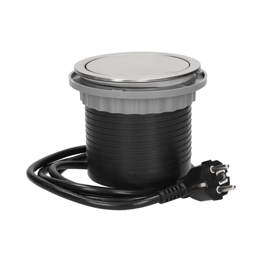 Gniazdo meblowe Ø10cm wysuwane z blatu z ładowarką USB i przewodem 1,5m, 3x2P+Z, 2xUSB, INOX