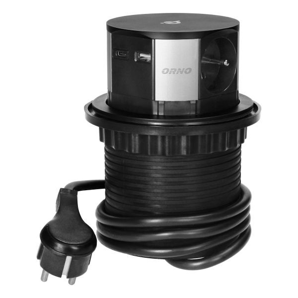 Gniazdo meblowe Ø10cm wysuwane z blatu z ładowarką indukcyjną, ładowarką USB i przewodem 1,5m, 3x2P+Z, Qi 1.2.4 max. 10W, USB A+C QC 3.0