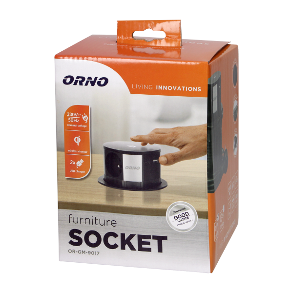 Gniazdo meblowe Ø10cm wysuwane z blatu z ładowarką indukcyjną, ładowarką USB i przewodem 1,5m, 3x2P+Z, Qi 1.2.4 max. 10W, USB A+C QC 3.0