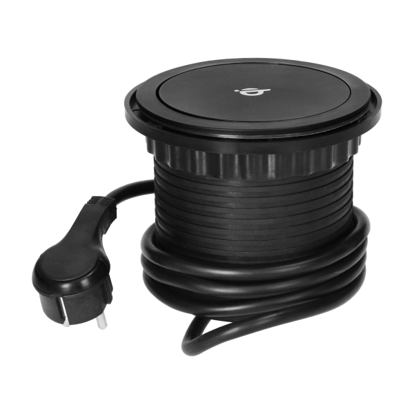 Gniazdo meblowe Ø10cm wysuwane z blatu z ładowarką indukcyjną, ładowarką USB i przewodem 1,5m, 3x2P+Z, Qi 1.2.4 max. 10W, USB A+C QC 3.0
