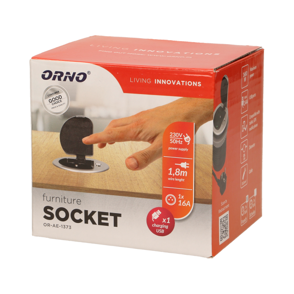 Gniazdo meblowe Ø6cm wpuszczane w blat z pokrywką, ładowarką USB i przewodem 1,8m, 1x2P+Z, 1xUSB Gniazdo meblowe Ø6cm wpuszczane w blat z pokrywką, ładowarką USB i przewodem 1,8m, 1x2P+Z, 1xUSB