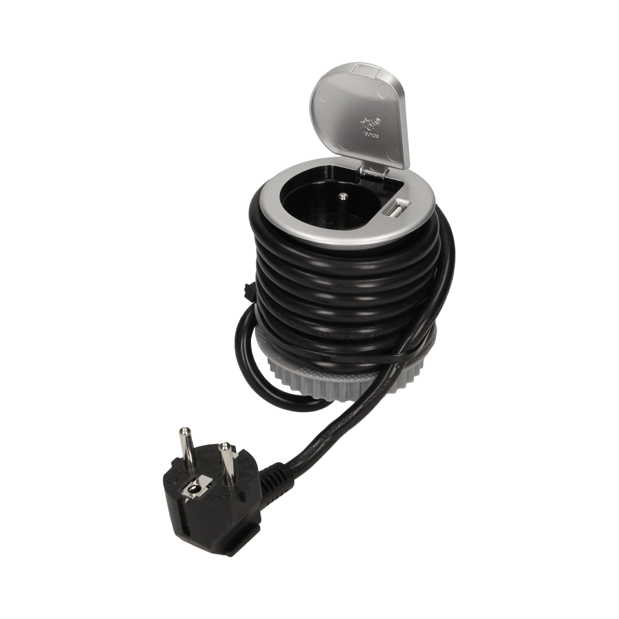 Gniazdo meblowe Ø6cm wpuszczane w blat z pokrywką, ładowarką USB i przewodem 1,8m, 1x2P+Z, 1xUSB