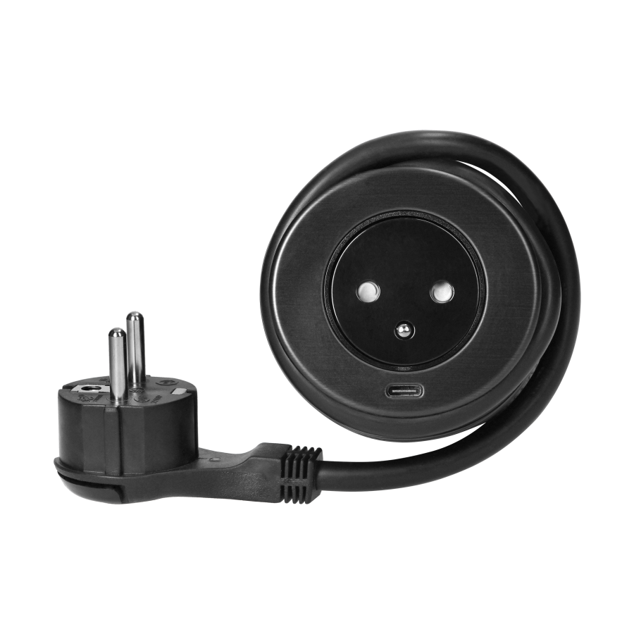 Flush-mounted furniture socket 2P+E with EasyEject system, USB QC 3.0, 1.5m cable + USB adapter