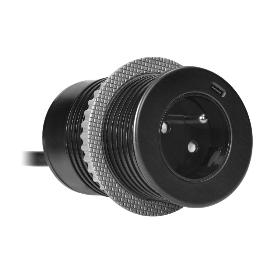 Flush-mounted furniture socket 2P+E with EasyEject system, USB QC 3.0, 1.5m cable + USB adapter