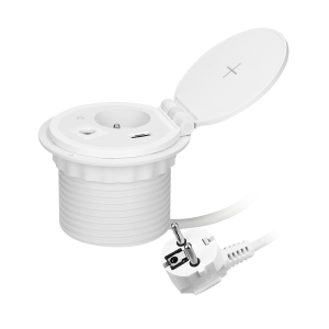 Gniazdo meblowe Ø8cm wpuszczane w blat z ładowarką indukcyjną, ładowarką USB z 2 gniazdami A i C, przelotką kablową i przewodem 1,8m, 1x2P+Z, 2xUSB 2,4A 5V, białe