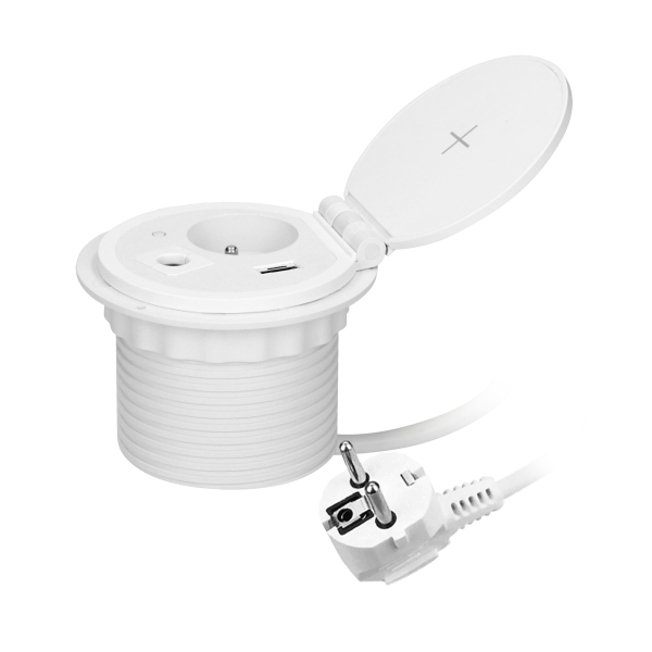 Recessed desk socket Ø8cm with induction charger, 2 USB ports (A, C) for quick charging and 1.8m cable with cable gland, 2,4A 5V white