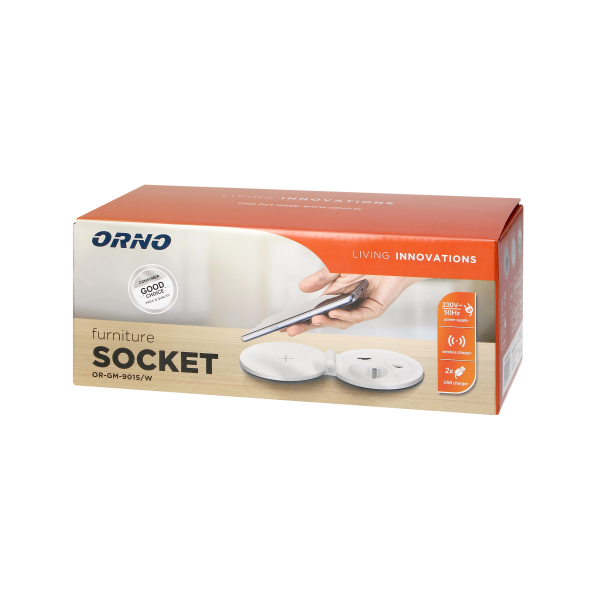 Recessed desk socket Ø8cm with induction charger, 2 USB ports (A, C) for quick charging and 1.8m cable with cable gland, 2,4A 5V white