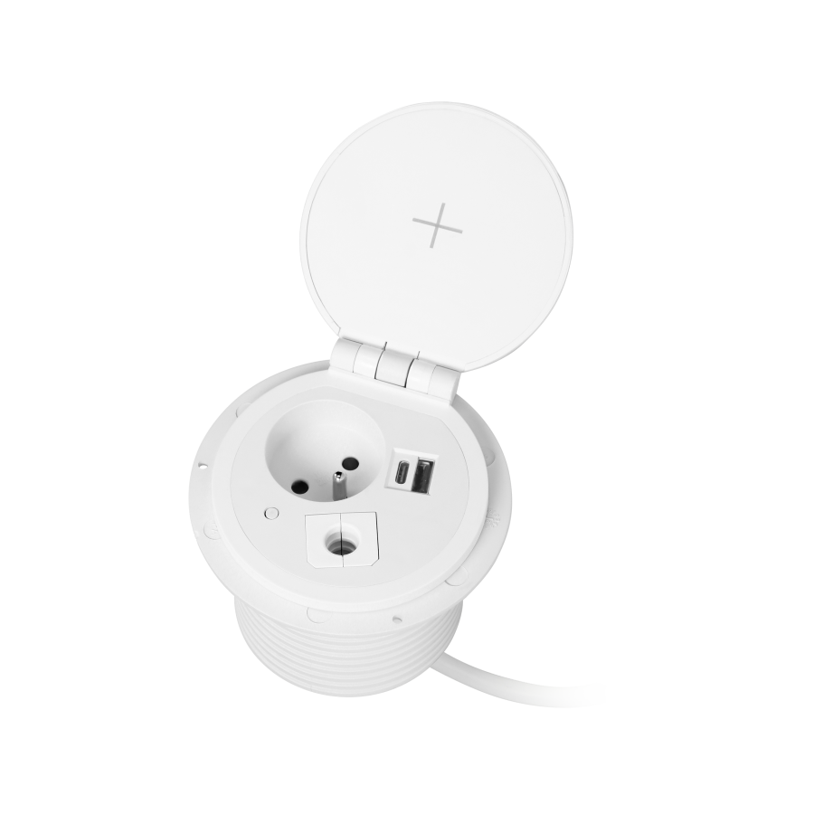 Recessed desk socket Ø8cm with induction charger, 2 USB ports (A, C) for quick charging and 1.8m cable with cable gland, 2,4A 5V white