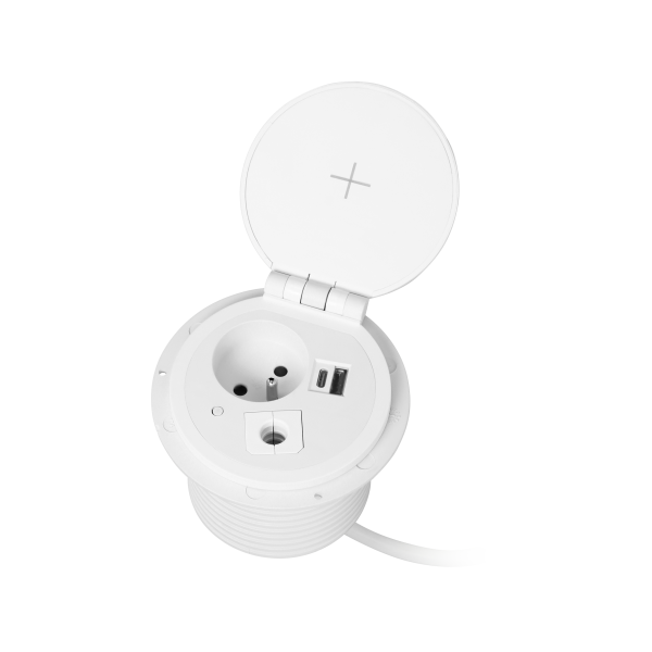 Recessed desk socket Ø8cm with induction charger, 2 USB ports (A, C) for quick charging and 1.8m cable with cable gland, 2,4A 5V white