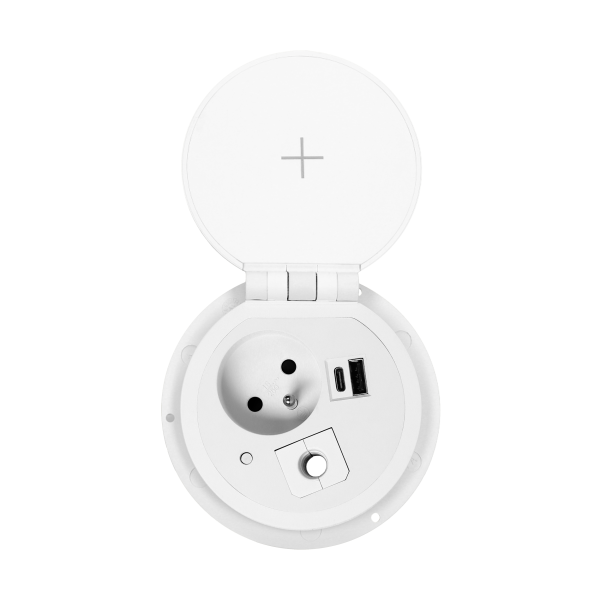 Gniazdo meblowe Ø8cm wpuszczane w blat z ładowarką indukcyjną, ładowarką USB z 2 gniazdami A i C, przelotką kablową i przewodem 1,8m, 1x2P+Z, 2xUSB 2,4A 5V, białe
