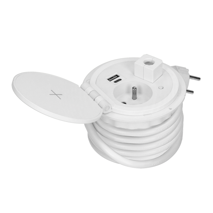 Recessed desk socket Ø8cm with induction charger, 2 USB ports (A, C) for quick charging and 1.8m cable with cable gland, 2,4A 5V white