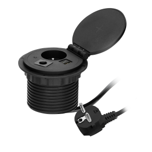 Gniazdo meblowe Ø8cm wpuszczane w blat z ładowarką indukcyjną, ładowarką USB z 2 gniazdami A i C, przelotką kablową i przewodem 1,8m, 1x2P+Z, 2xUSB 2,4A 5V, czarne