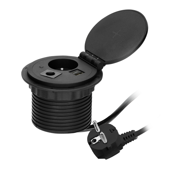 Recessed desk socket Ø8cm with induction charger, 2 USB ports (A, C) for quick charging and 1.8m cable with cable gland, 2,4A 5V black Recessed desk socket Ø8cm with induction charger, 2 USB ports (A, C) for quick charging and 1.8m cable with cable gland, 2,4A 5V black