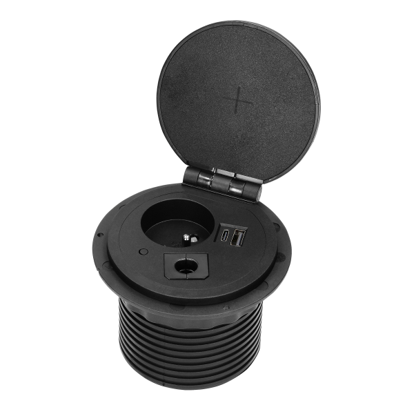 Gniazdo meblowe Ø8cm wpuszczane w blat z ładowarką indukcyjną, ładowarką USB z 2 gniazdami A i C, przelotką kablową i przewodem 1,8m, 1x2P+Z, 2xUSB 2,4A 5V, czarne Gniazdo meblowe Ø8cm wpuszczane w blat z ładowarką indukcyjną, ładowarką USB z 2 gniazdami A i C, przelotką kablową i przewodem 1,8m, 1x2P+Z, 2xUSB 2,4A 5V, czarne