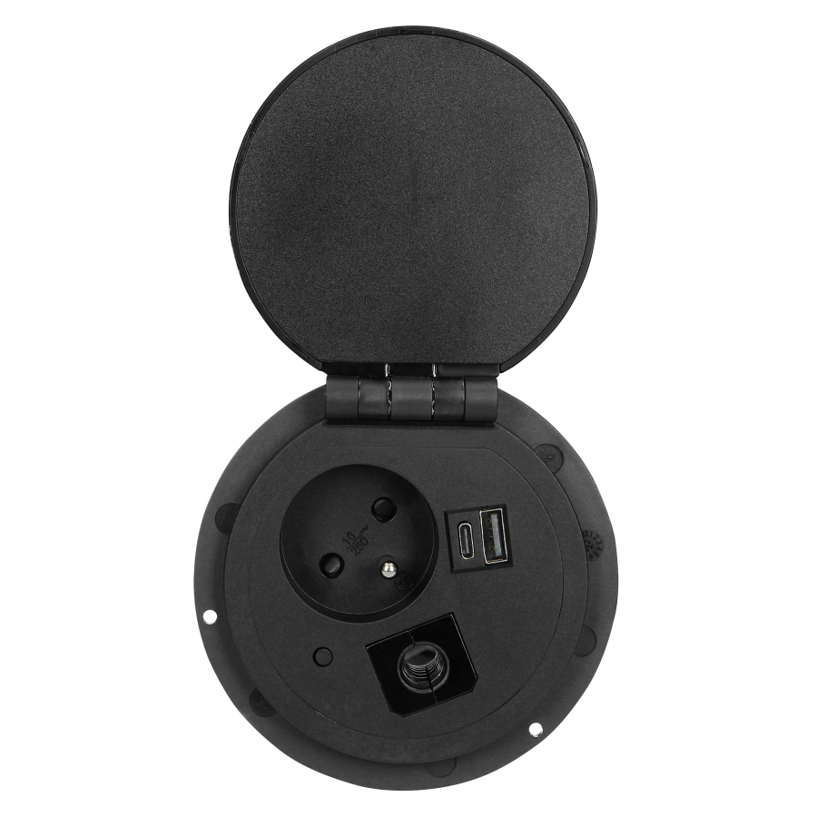 Recessed desk socket Ø8cm with induction charger, 2 USB ports (A, C) for quick charging and 1.8m cable with cable gland, 2,4A 5V black