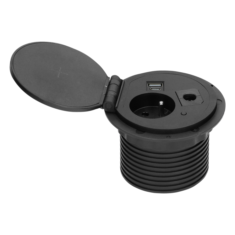Gniazdo meblowe Ø8cm wpuszczane w blat z ładowarką indukcyjną, ładowarką USB z 2 gniazdami A i C, przelotką kablową i przewodem 1,8m, 1x2P+Z, 2xUSB 2,4A 5V, czarne