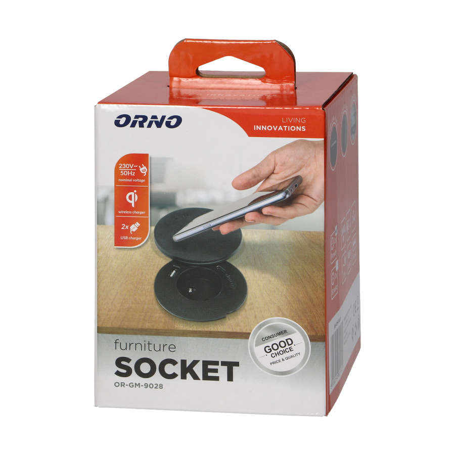 Furniture socket Ø6cm with rotative cover, induction charger, USB charger and 1.5m cable, 1x2P+E, Qi 1.2.4 max. 10W, 2xUSB (type A and C, 2.4A), black