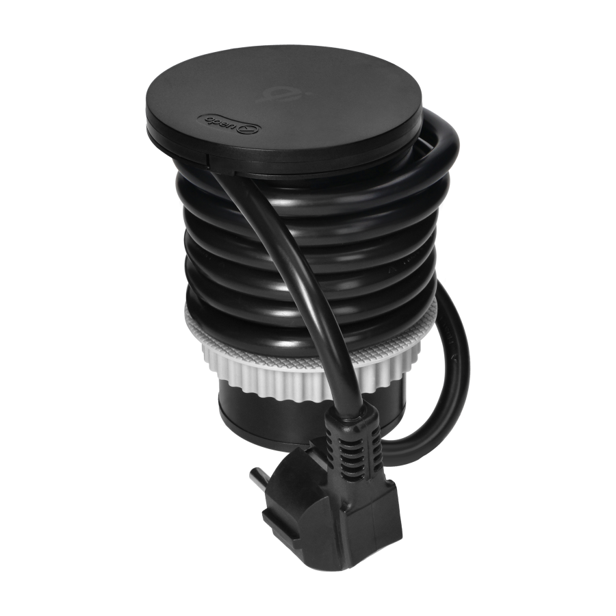Gniazdo meblowe Ø6cm z rotacyjną pokrywą, ładowarką indukcyjną, ładowarką USB i przewodem 1,5m, 1x2P+Z, Qi 1.2.4 max. 10W, 2xUSB (typ A i typ C, 2,4A), czarne