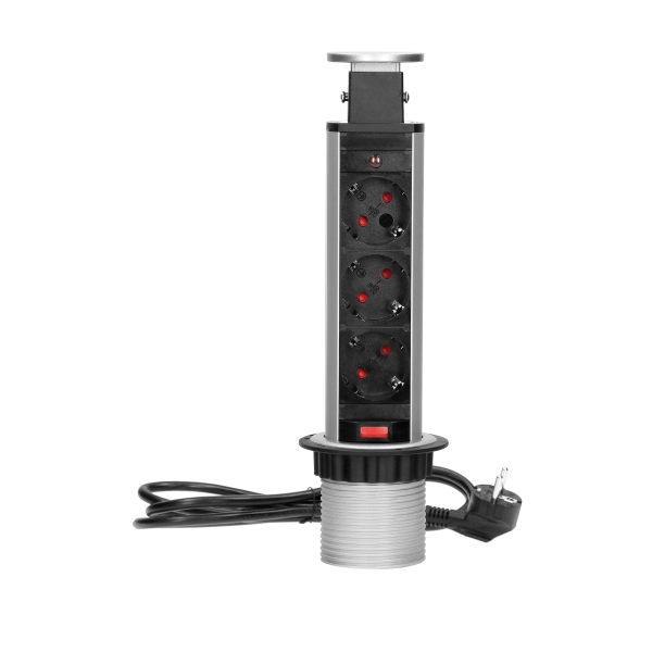 Pop up desk socket Ø6cm with blocking system and 1.8m cable, 3x2P+E, Schuko