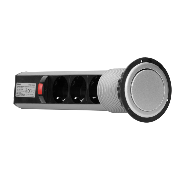 Pop up desk socket Ø6cm with blocking system and 1.8m cable, 3x2P+E, Schuko