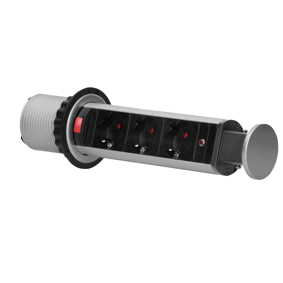 Pop up desk socket Ø6cm with blocking system and 1.8m cable, 3x2P+E, Schuko