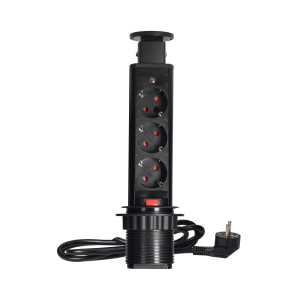 Pop up Ø6cm desk socket with 1.8m cable and locking system, 3x2P+E (Schuko), black