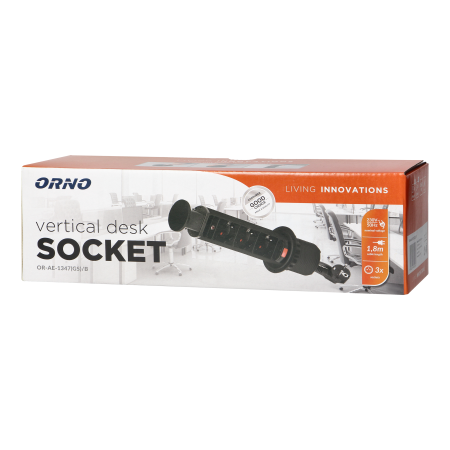 Pop up Ø6cm desk socket with 1.8m cable and locking system, 3x2P+E (Schuko), black